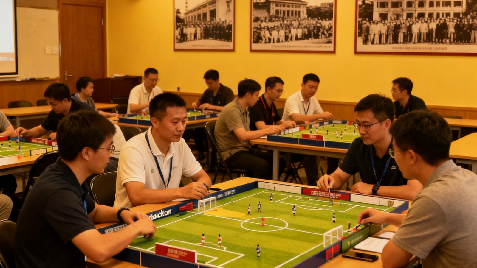 Bevictor伟德体育培训课堂，学员正在参与赛事模拟沙盘，教室墙壁挂有1946年历史照片